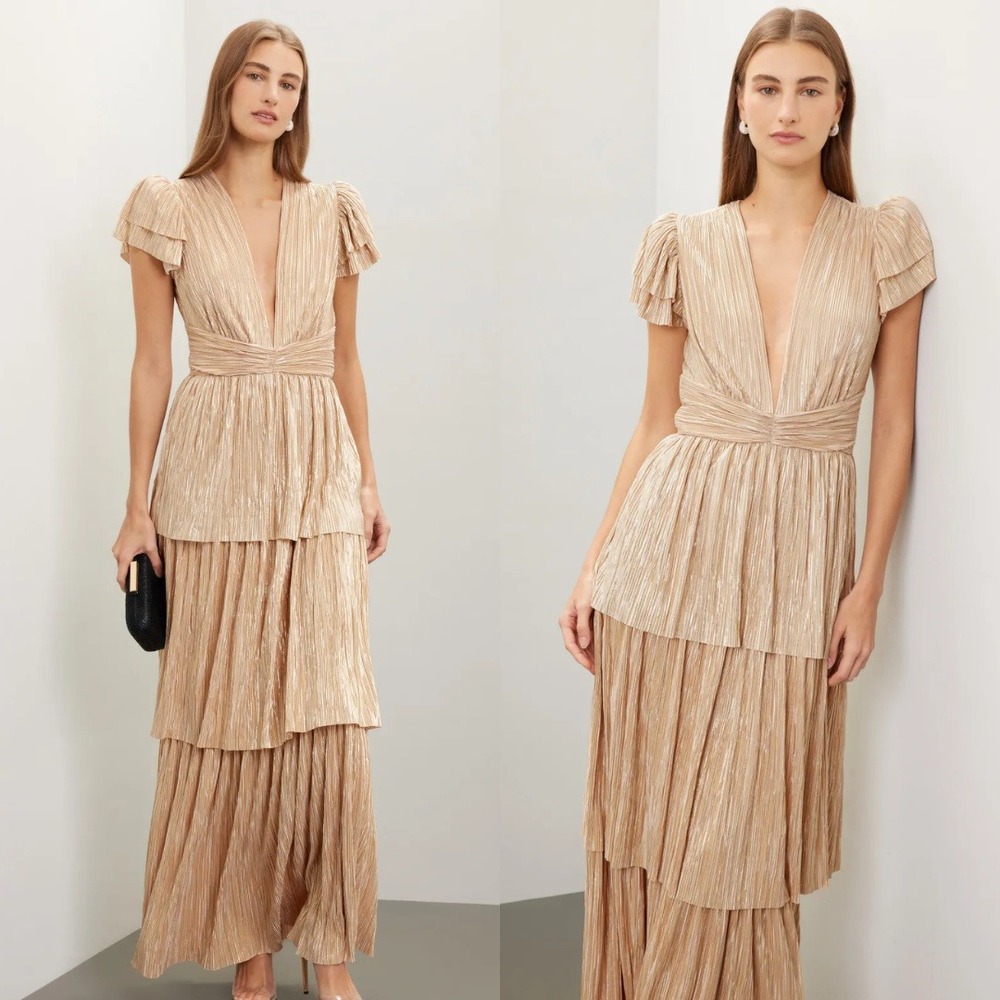Sabina‎ Musayev Dress Maze Gold Pleated Tiered V-Neck Maxi Gown Size Large